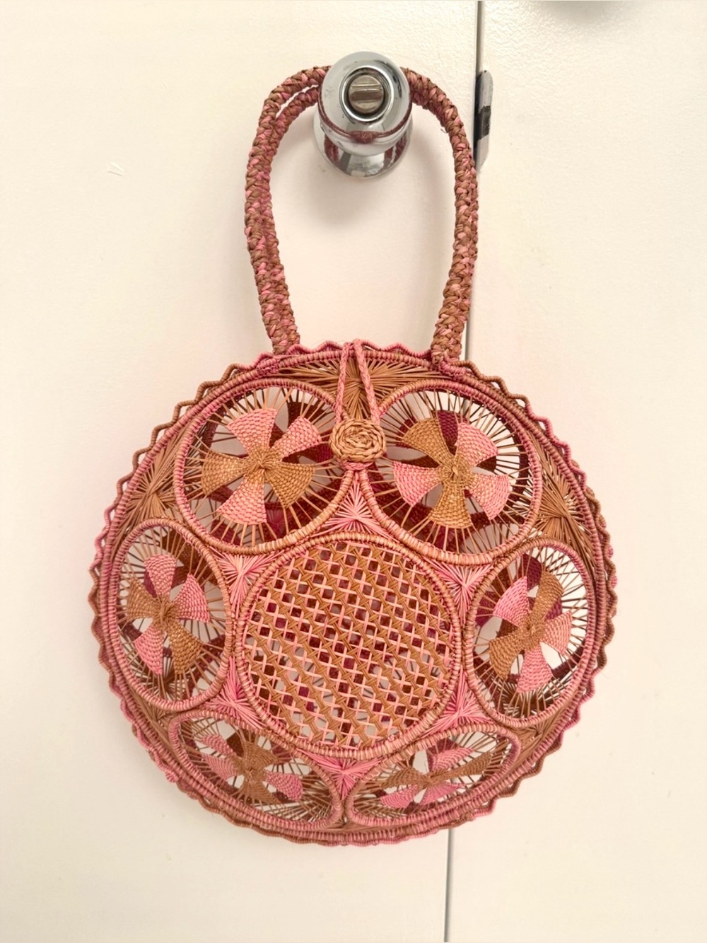 Vintage Handcrafted Pink and Tan Woven Bag